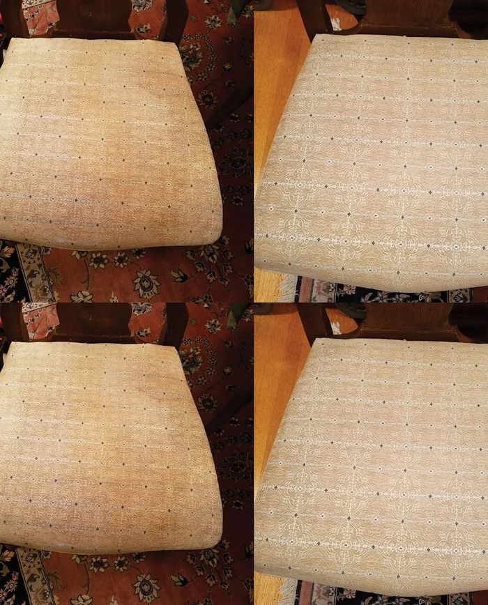 A collage of four pictures of a chair cushion before and after being cleaned.