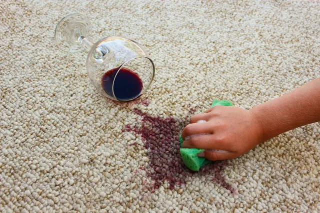 A person is removing a stain from a carpet with a sponge.