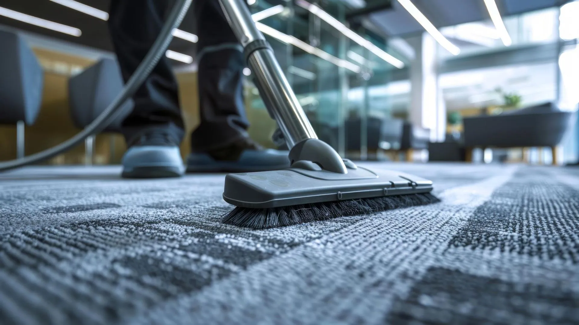 A person is using a vacuum cleaner to clean an office carpet in Vancouver.
