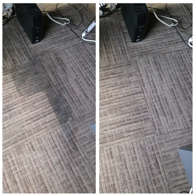 Carpeted office floor beside a black computer tower and white cables.