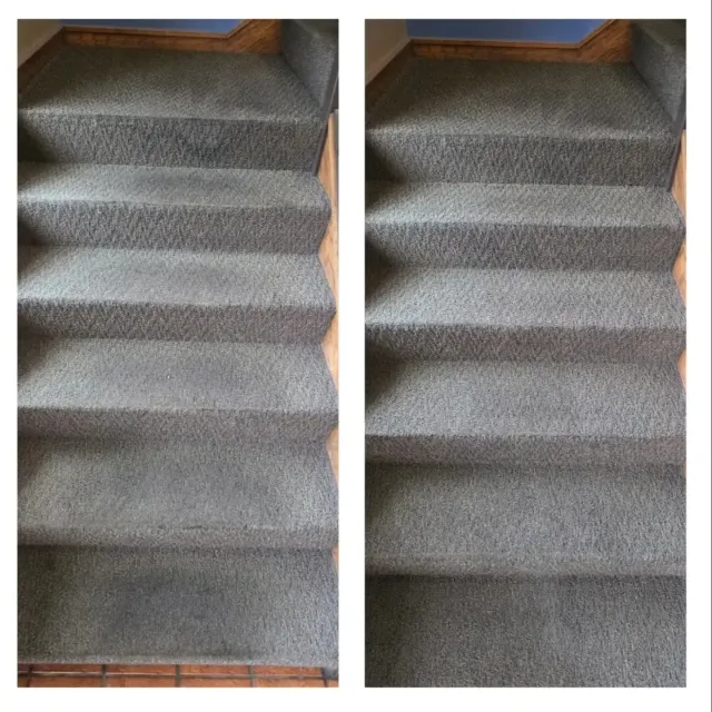 Carpeted staircase before-and-after view, showing cleaned gray steps and a darker landing.